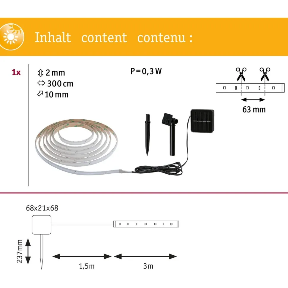 LED-valonauha aurinkokennolla Paulmann, 3m, IP44, 0.3W, 16LEDs/m, RGB, hämärätunnistin