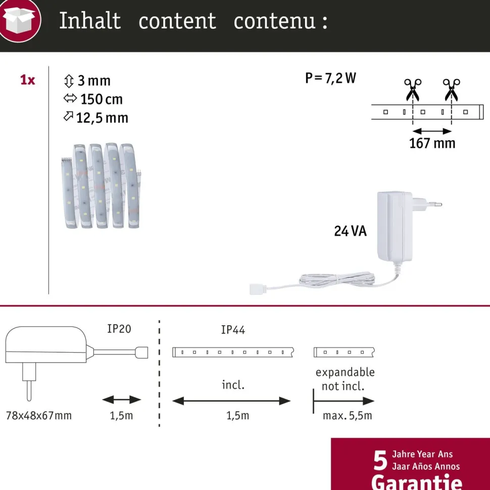 LED-valonauha Paulmann MaxLED 250, aloituspakkaus, 1.5m, IP44, 6W, 240lm/m, 6500K, 24VA