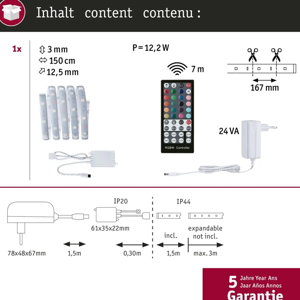 LED-valonauha Paulmann MaxLED 250, aloituspakkaus, 1.5m, IP44, 10W, 230lm/m RGBW+, 24VA