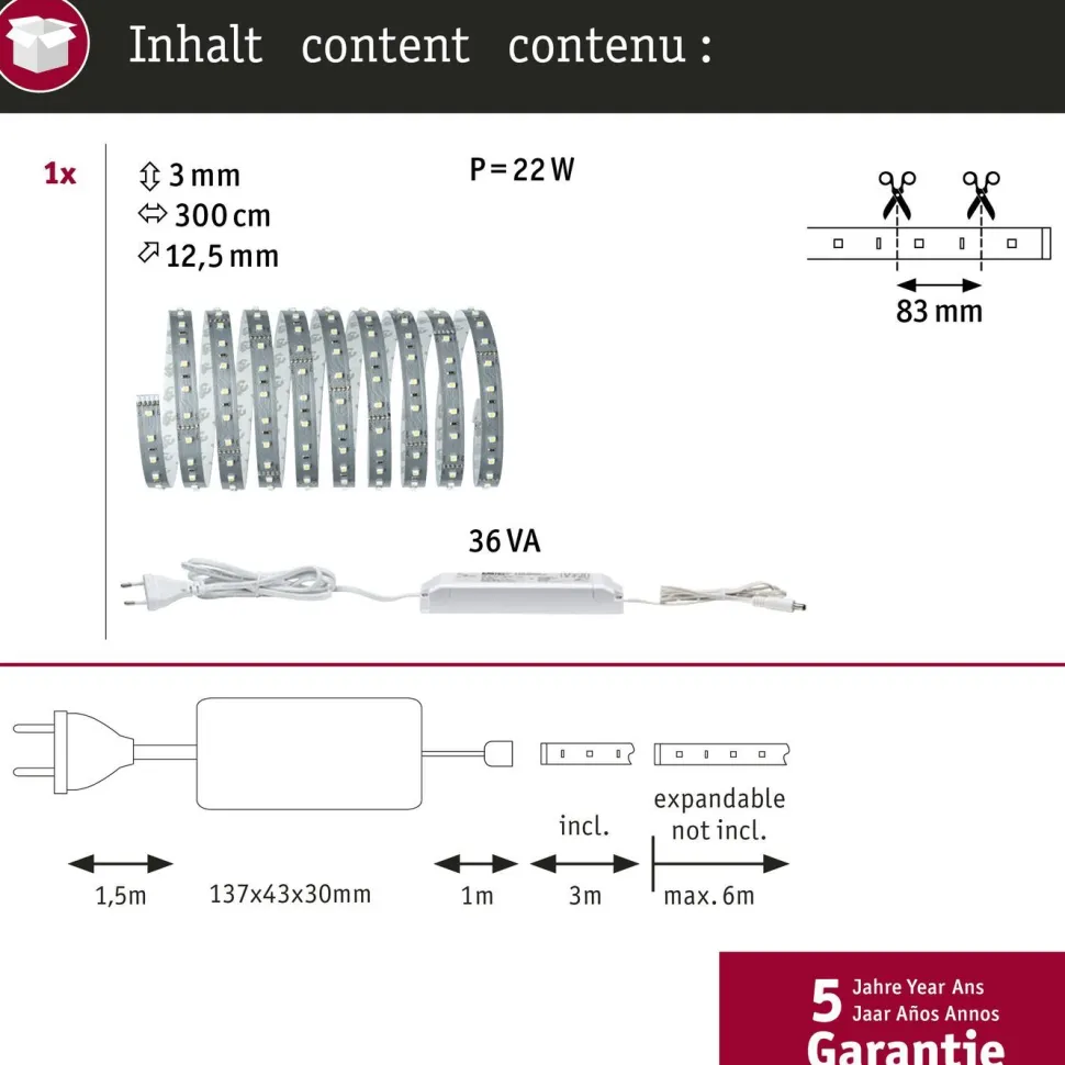 LED-valonauha Paulmann MaxLED 500, aloituspakkaus, 3m, 18W, 550lm/m, 6500K, 36VA