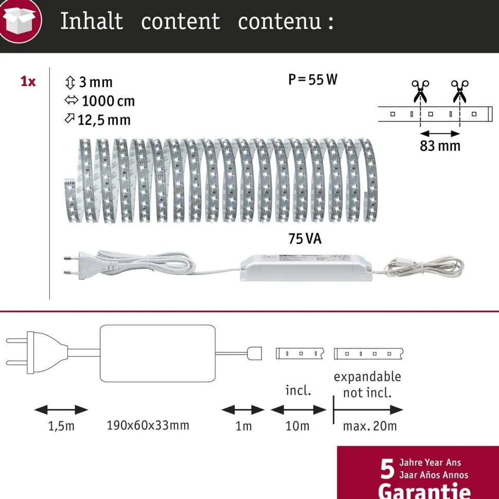 LED-valonauha Paulmann MaxLED 500, aloituspakkaus, 10m, 50W, 550lm/m, 6500K, 75VA