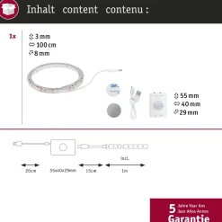 LED-valonauha Paulmann, paristokäyttöinen, 1m, 1.4W, 140lm/m, 3000K, liiketunnistin