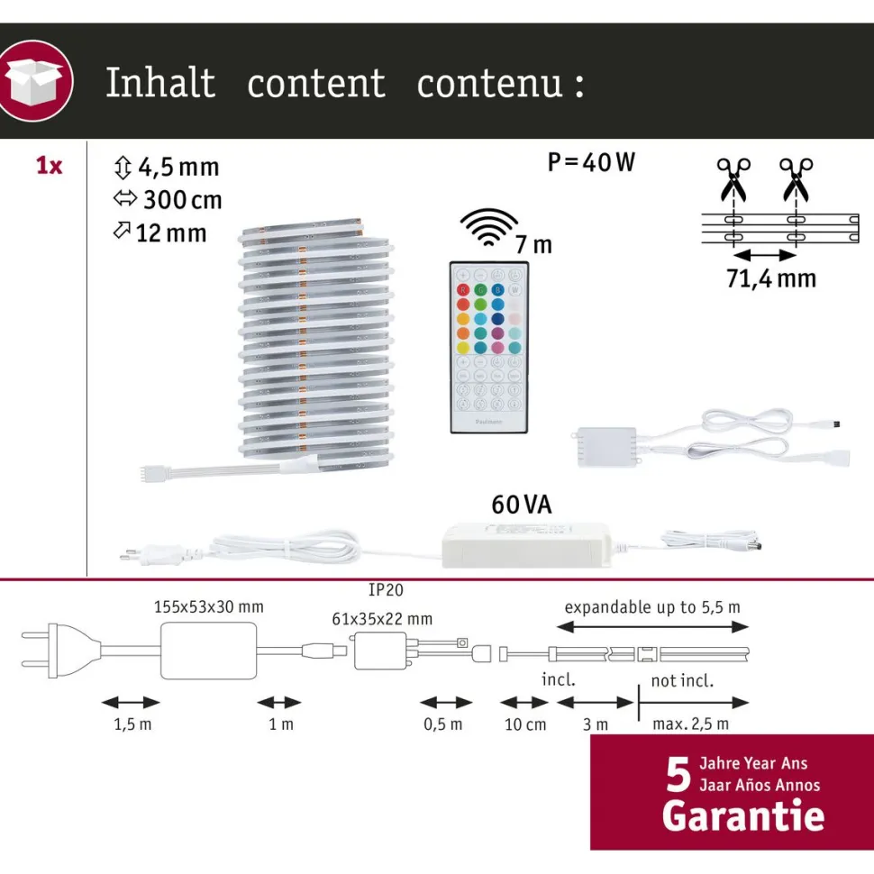 LED-valonauhasetti Paulmann MaxLED 1000, COB, 1.5m, 17W, 1038lm/m, RGBW+, 48VA
