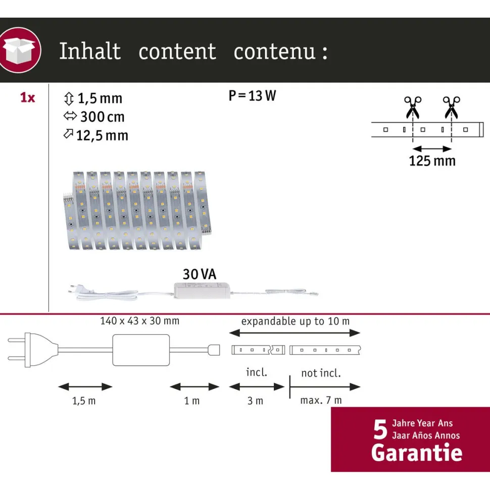 LED-valonauhasetti Paulmann MaxLED 500, 1.5m, 5.5W, 550lm/m, 4000K, 20VA, neutraali valkoinen