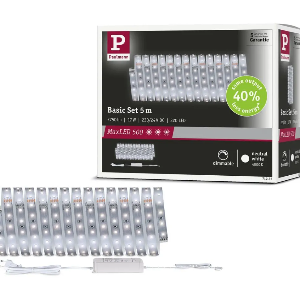 LED-valonauhasetti Paulmann MaxLED 500, 1.5m, 5.5W, 550lm/m, 4000K, 20VA, neutraali valkoinen