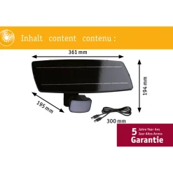 LED-valonheitin aurinkokennolla Paulmann Solar Flotas, hämäräohjattu liiketunnistin (HF), IP65, 3000K, 700lm, antrasiitti