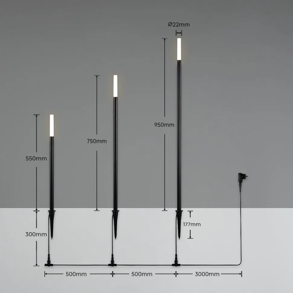 Maapiikkivalaisin LED Trio Stick mattamusta