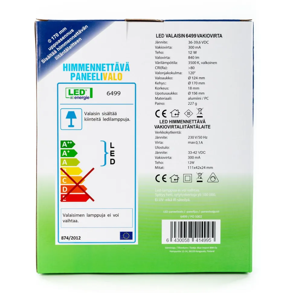 Paneelivalaisin LED Energie Slim Ø170mm 12W 840lm 3500K uppoasennettava himmennettävä valkoinen