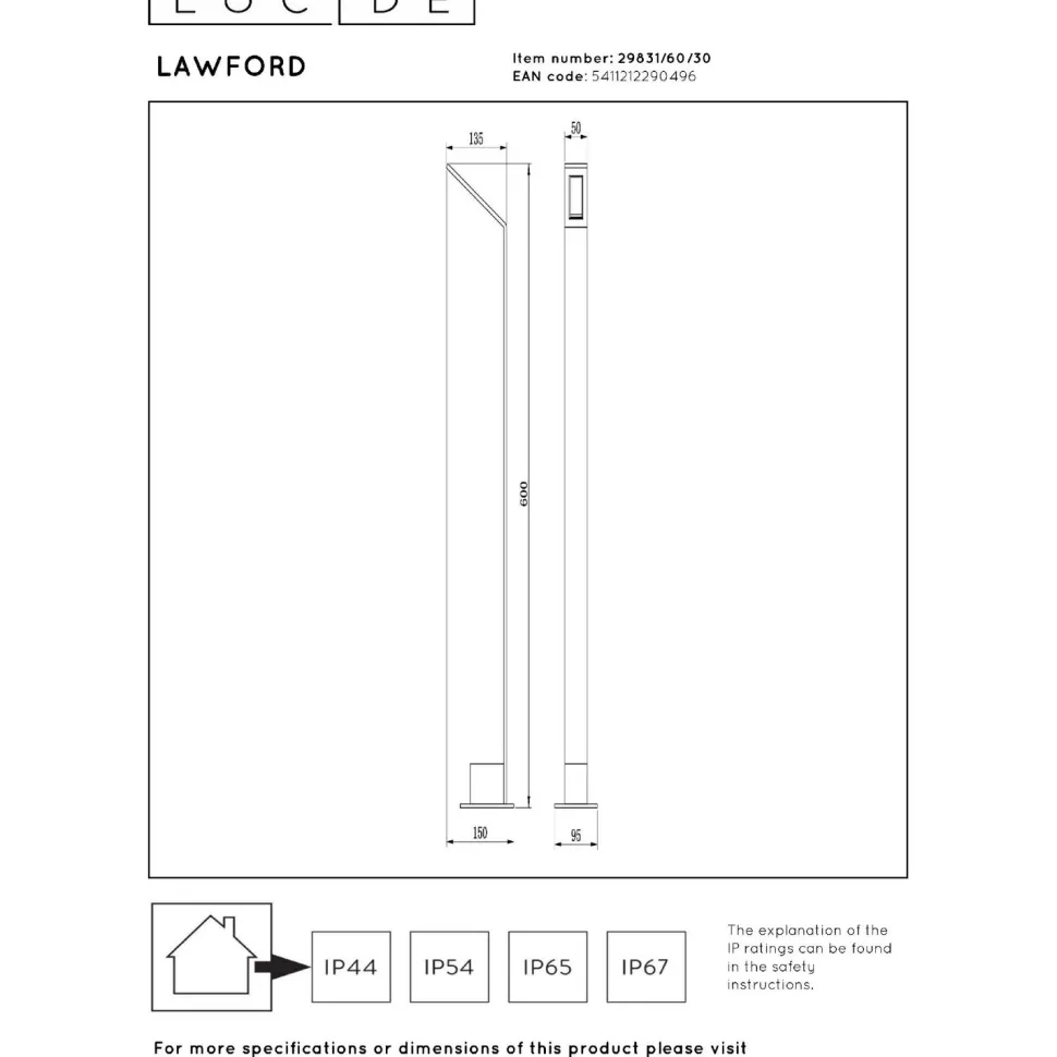 Pollarivalaisin Lucide Lawford, 9.5x15x60cm, IP54, 6W, musta