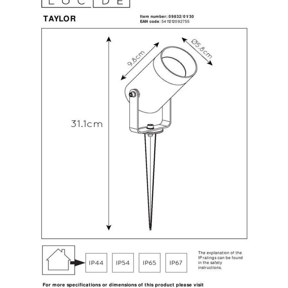 Puutarhavalaisin Lucide Taylor Ø10cm, 1xGU10, IP65, musta