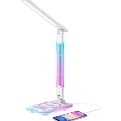 Pöytävalaisin FocusLight E-Sport, 9W + RGB 3W, CCT, langaton latausasema, valkoinen