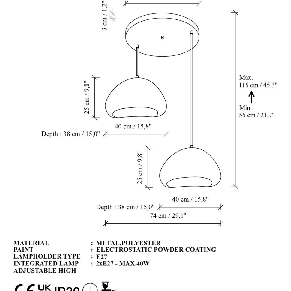 Riippuvalaisin Linento Lighting Lora 40-40-T-Luna, 2-osainen, valkoinen