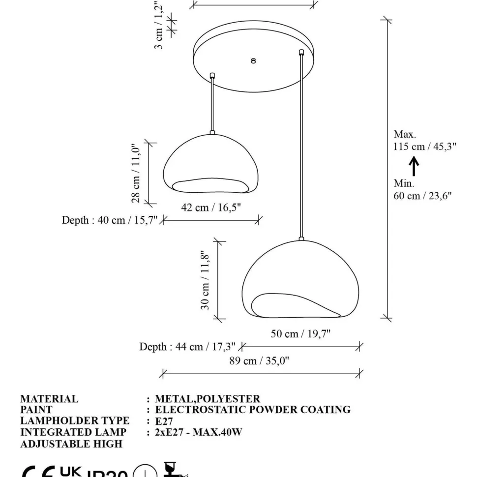 Riippuvalaisin Linento Lighting Loval 40-50-T-Luna, 2-osainen, valkoinen