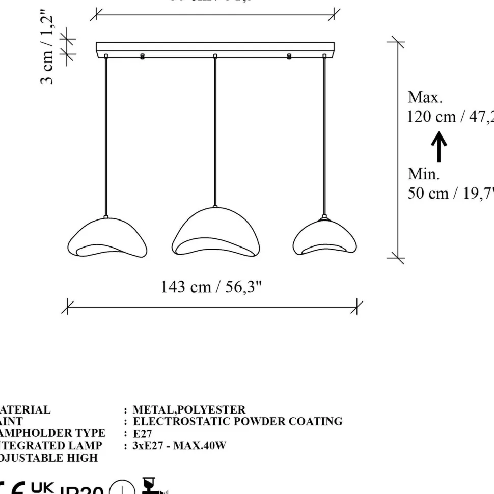 Riippuvalaisin Linento Lighting Luna C, 3-osainen, valkoinen