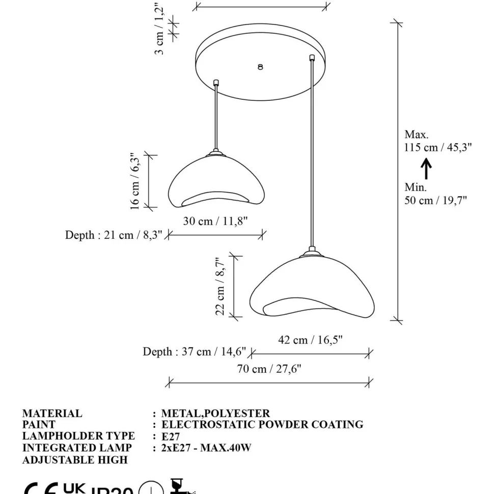 Riippuvalaisin Linento Lighting Luna 30-40-T-Nua, 2-osainen, säädettävä korkeus, valkoinen