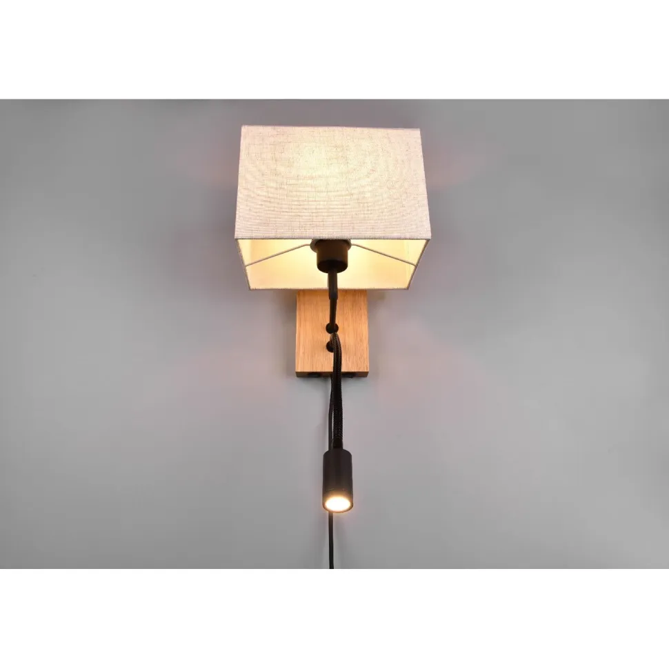 Seinävalaisin Trio Nilam lukuvalolla, 25cm, LED + E27, luonnonpuu