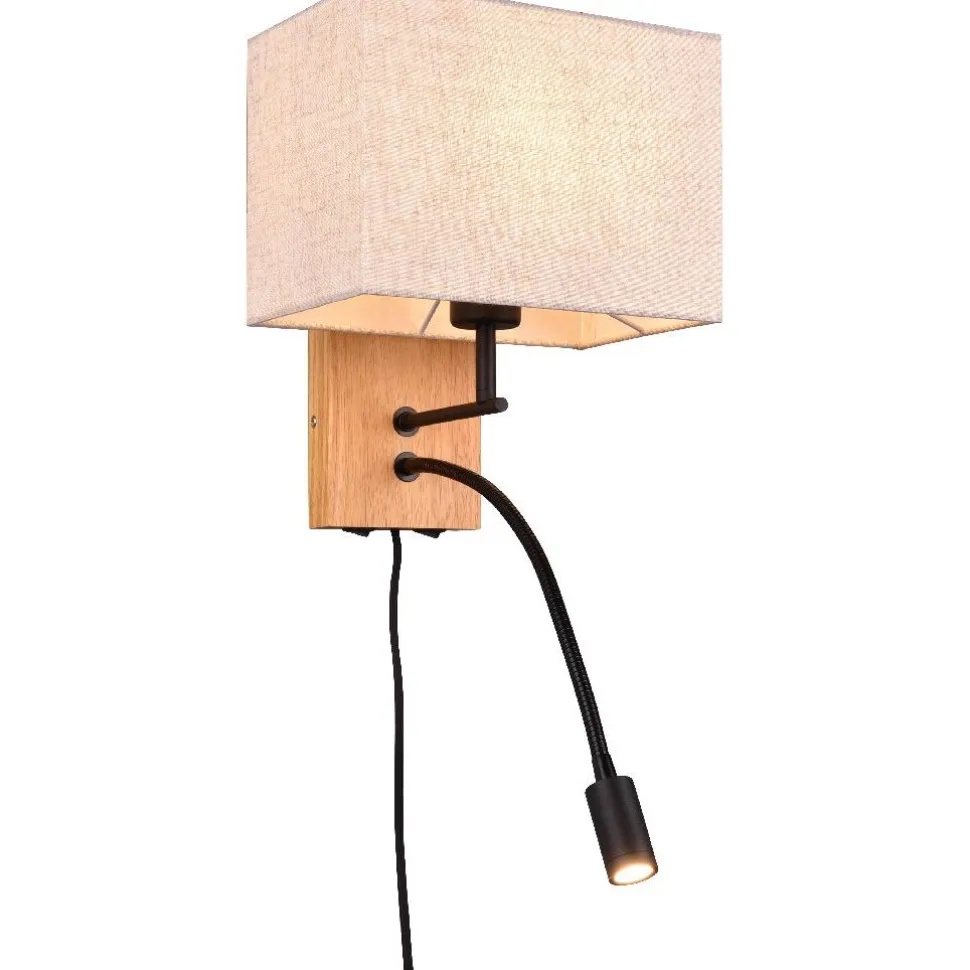 Seinävalaisin Trio Nilam lukuvalolla, 25cm, LED + E27, luonnonpuu