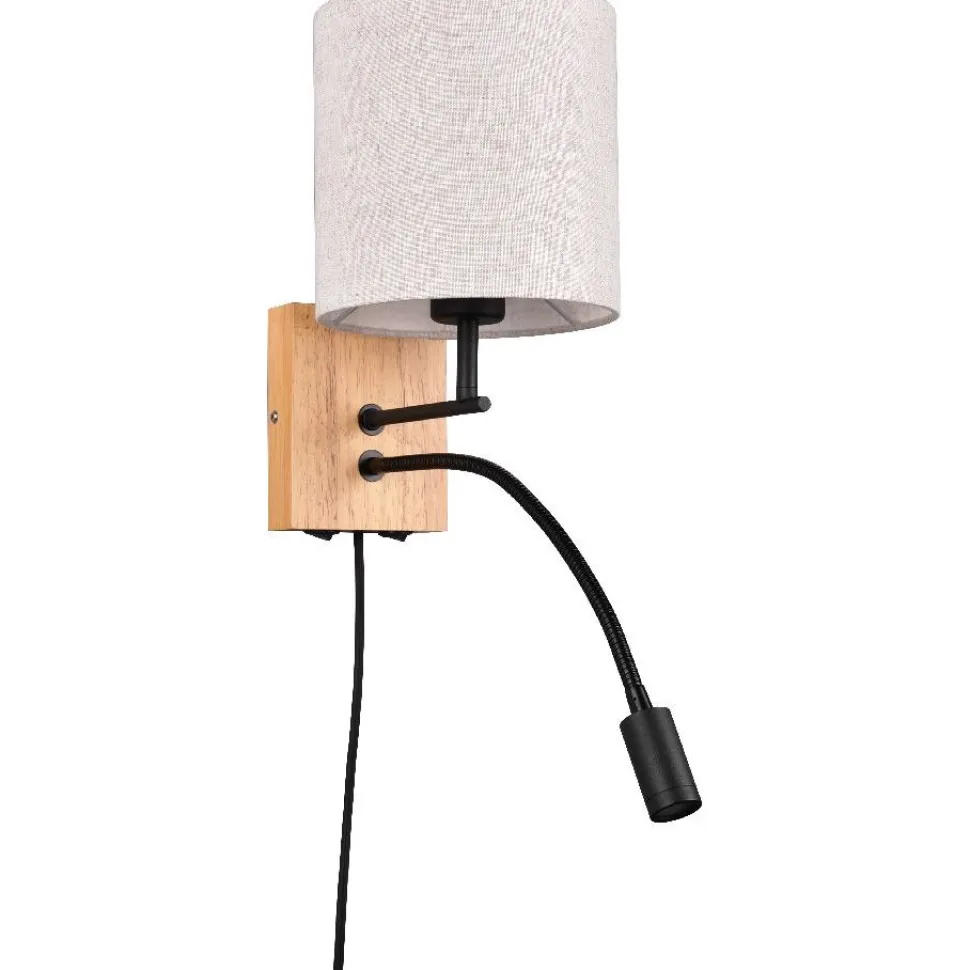 Seinävalaisin Trio Nilam lukuvalolla, 18cm, LED + E27, luonnonpuu