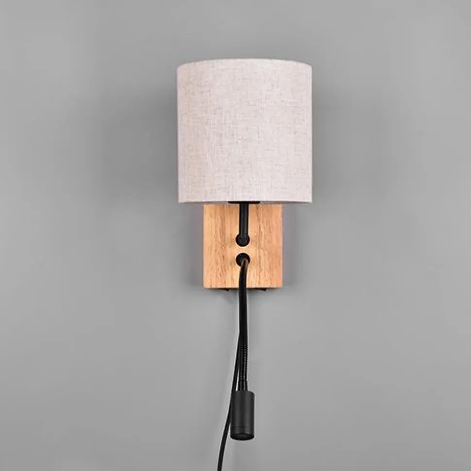 Seinävalaisin Trio Nilam lukuvalolla, 18cm, LED + E27, luonnonpuu