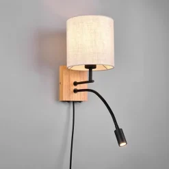 Seinävalaisin Trio Nilam lukuvalolla, 18cm, LED + E27, luonnonpuu