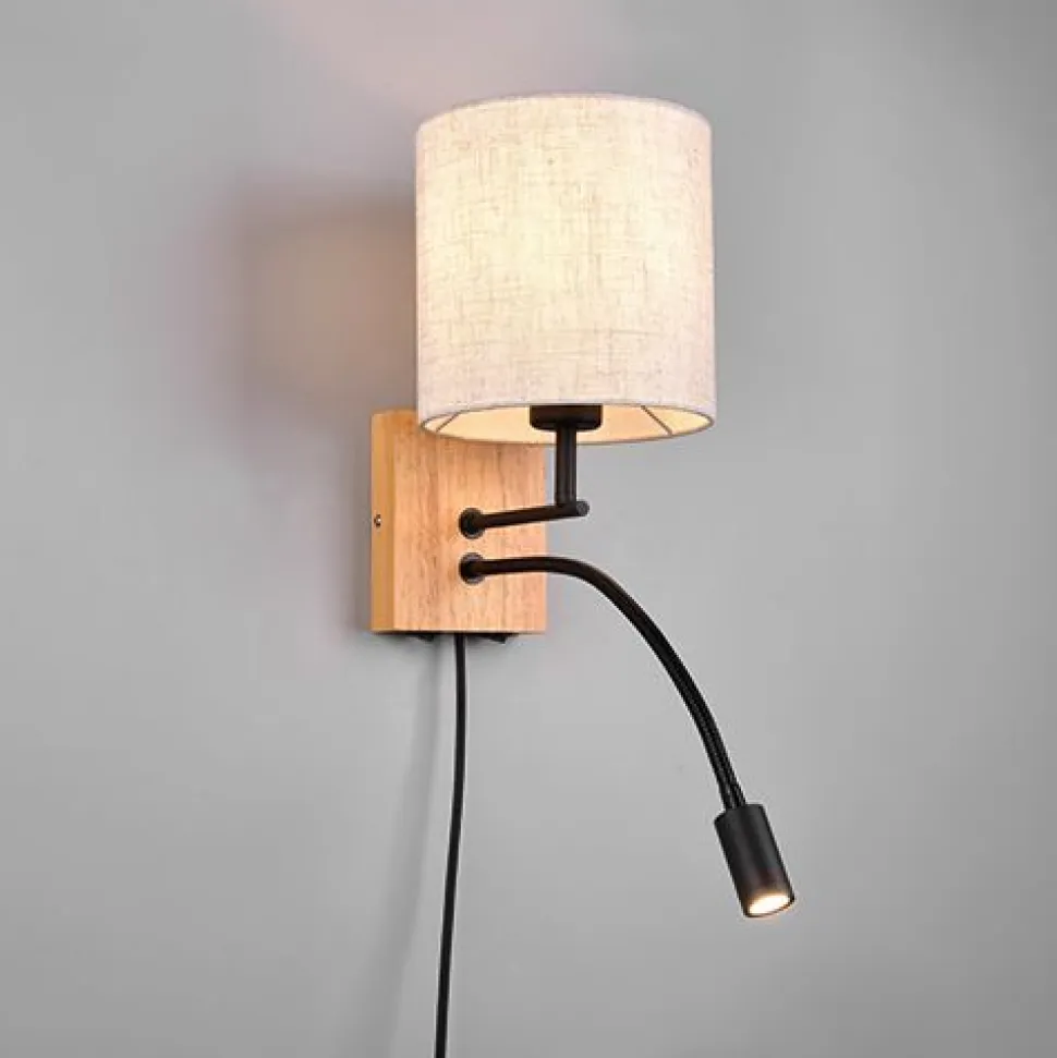 Seinävalaisin Trio Nilam lukuvalolla, 18cm, LED + E27, luonnonpuu