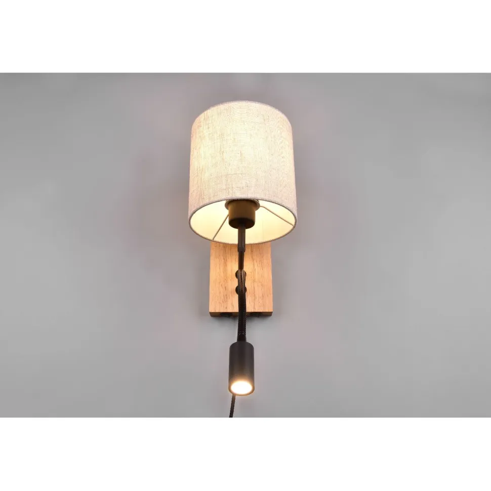 Seinävalaisin Trio Nilam lukuvalolla, 18cm, LED + E27, luonnonpuu