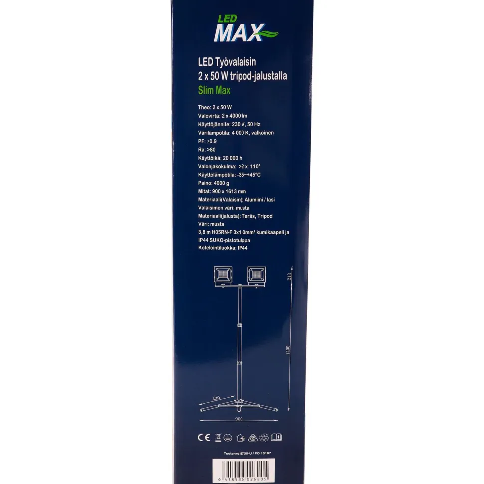 Työvalaisin LED Max, 2x50W, 2x4000lm, 4000K, IP44, tripod-jalusta
