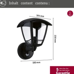 Ulkoseinävalaisin liiketunnistimella Paulmann Classic Curved, IP44, 16.4x18cm, musta
