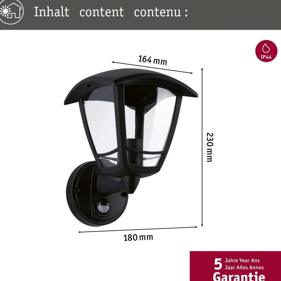 Ulkoseinävalaisin liiketunnistimella Paulmann Classic Curved, IP44, 16.4x18cm, musta