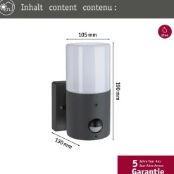 Ulkoseinävalaisin liiketunnistimella Paulmann Tubs, IP44, 10.5x13cm, mattaharmaa