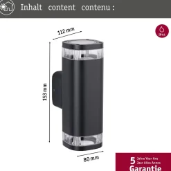 Ulkoseinävalaisin Paulmann Colum, ylös ja alas suunnattu valo, IP44, 80x112mm, korroosionkestävä, antrasiitti