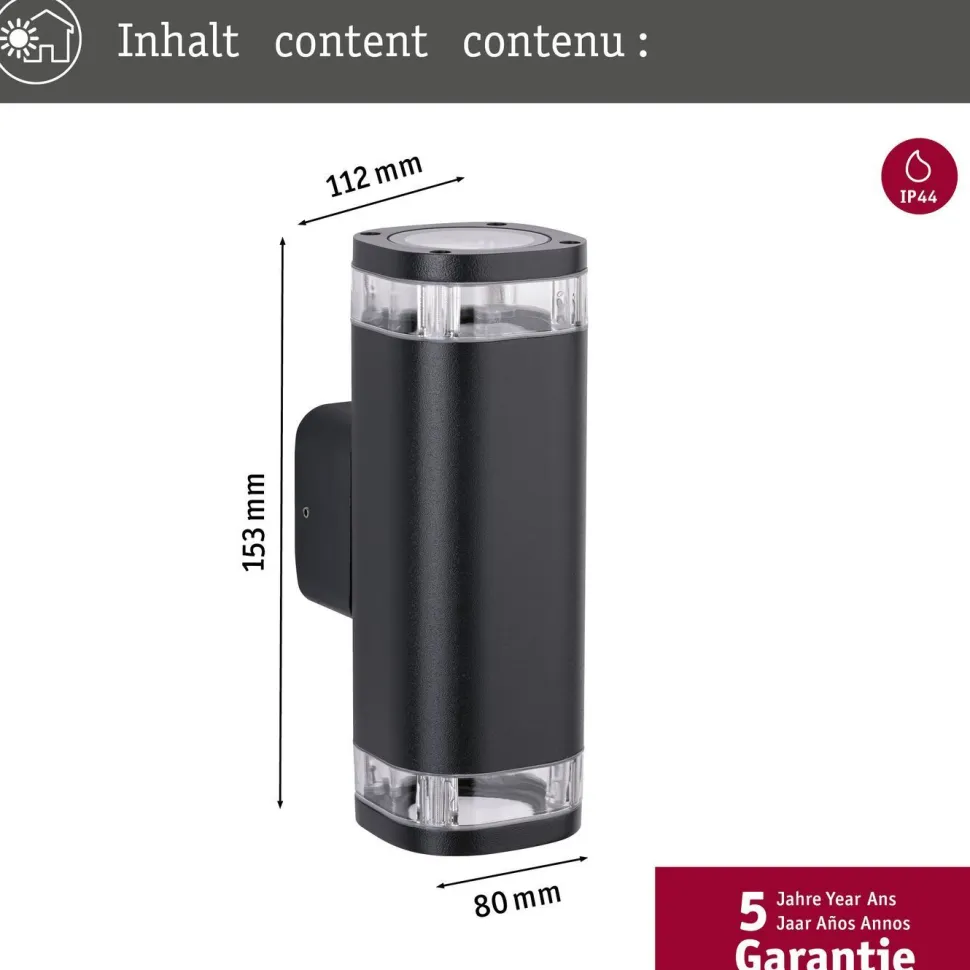 Ulkoseinävalaisin Paulmann Colum, ylös ja alas suunnattu valo, IP44, 80x112mm, korroosionkestävä, antrasiitti