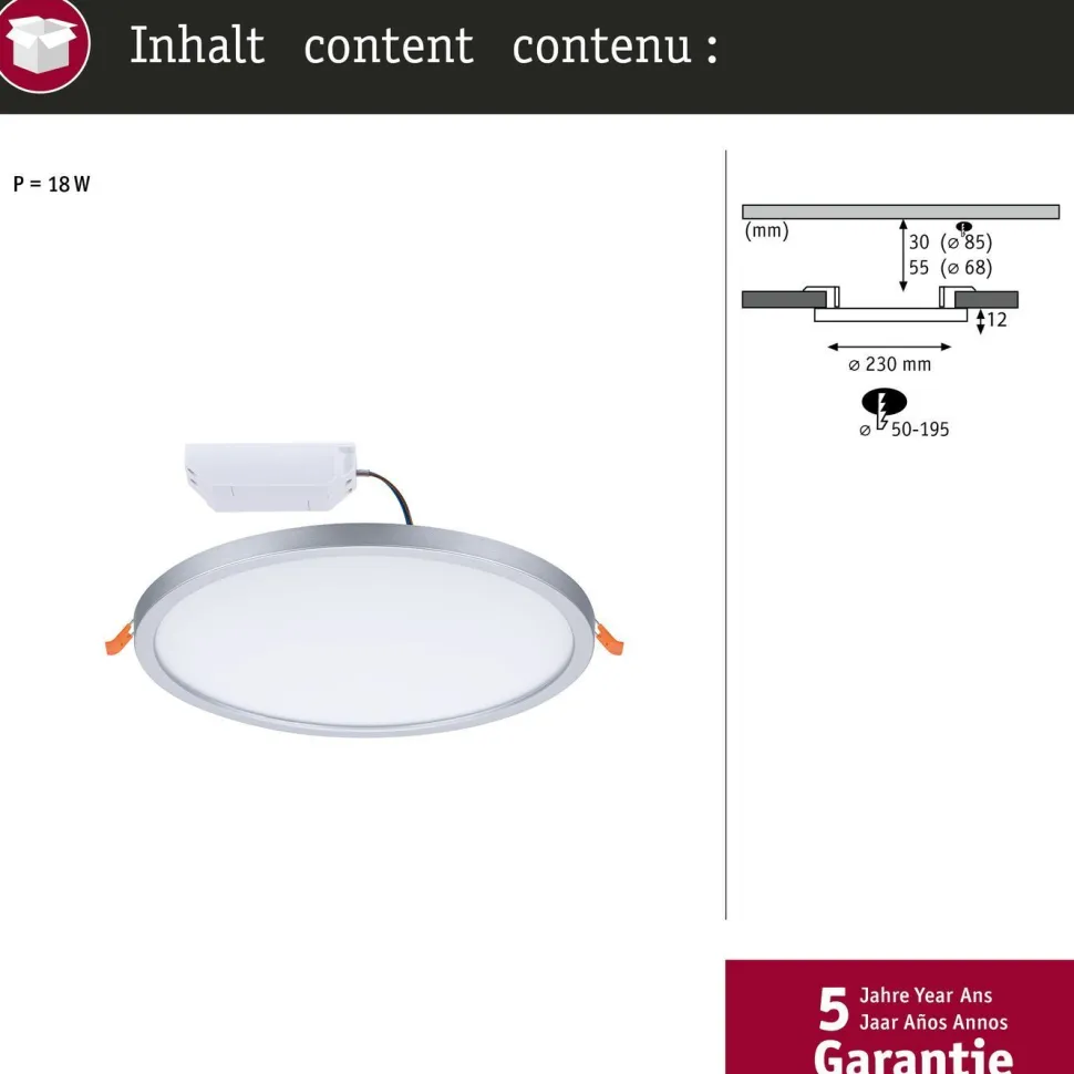 Upotettava LED-paneeli Paulmann VariFit Areo, IP44, Ø23cm, 16W, 4000K, himmennettävä, mattakromi