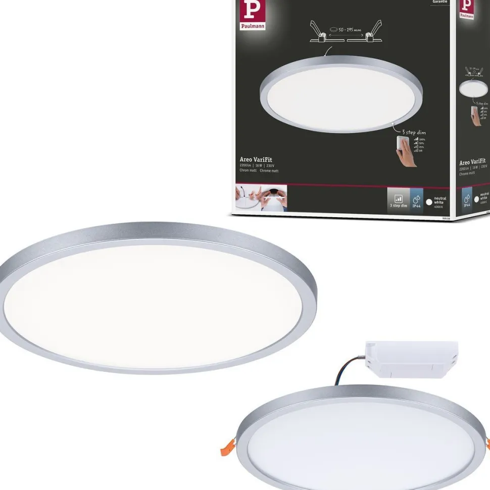 Upotettava LED-paneeli Paulmann VariFit Areo, IP44, Ø23cm, 16W, 4000K, himmennettävä, mattakromi