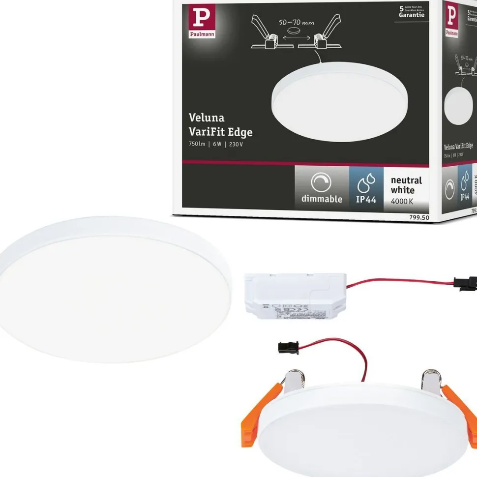Upotettava LED-paneeli Paulmann VariFit Veluna Edge, IP44, Ø9cm, 6W, 4000K, himmennettävä, valkoinen