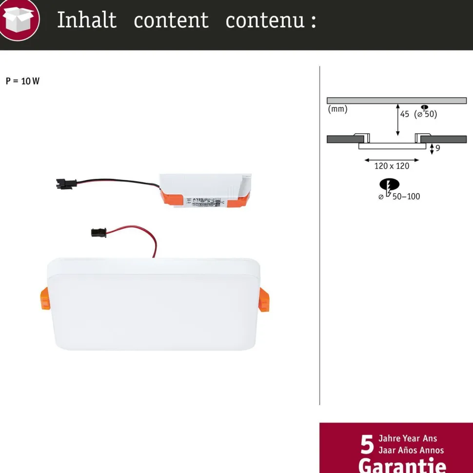 Upotettava LED-paneeli Paulmann VariFit Veluna Edge, IP44, 12x12cm, 8.5W, 3000K, valkoinen