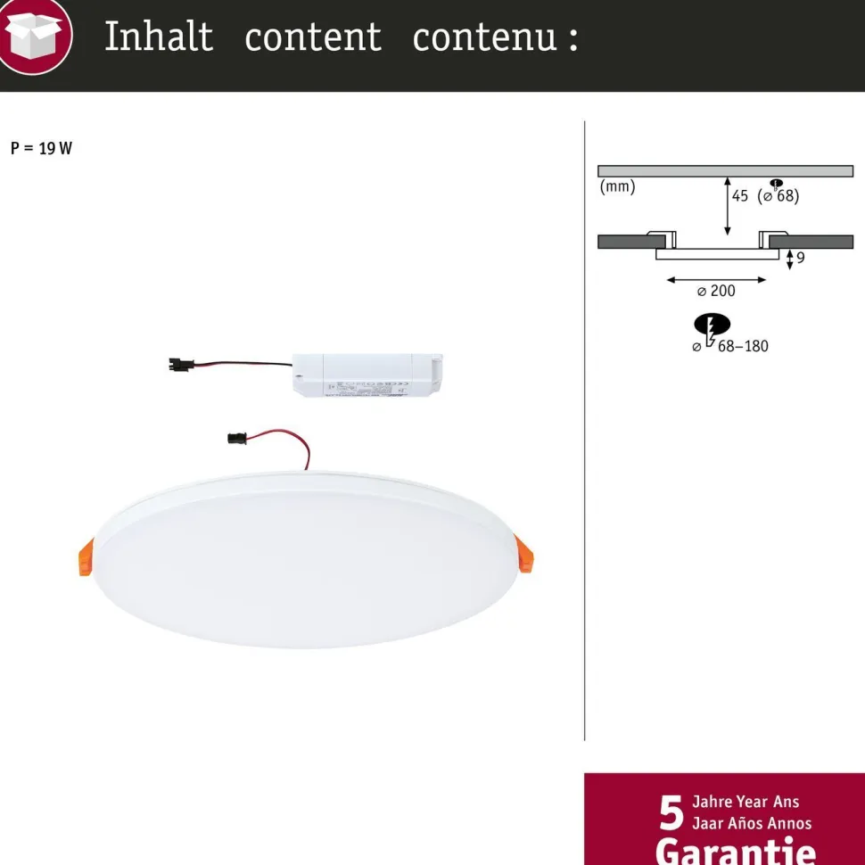 Upotettava LED-paneeli Paulmann VariFit Veluna Edge, IP44, Ø20cm, 17W, 3000K, himmennettävä, valkoinen