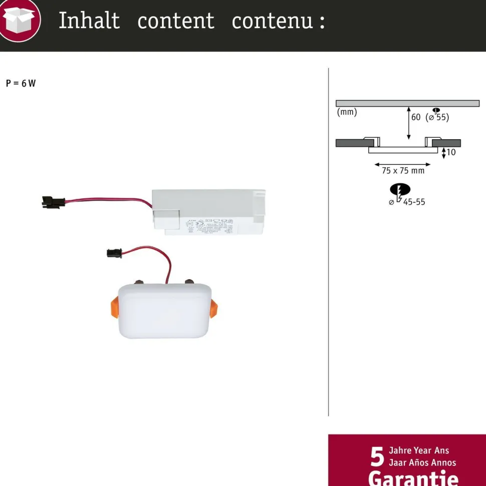 Upotettava LED-paneeli Paulmann Veluna, IP44, 7.5x7.5cm, 4.5W, 3000K, satiini
