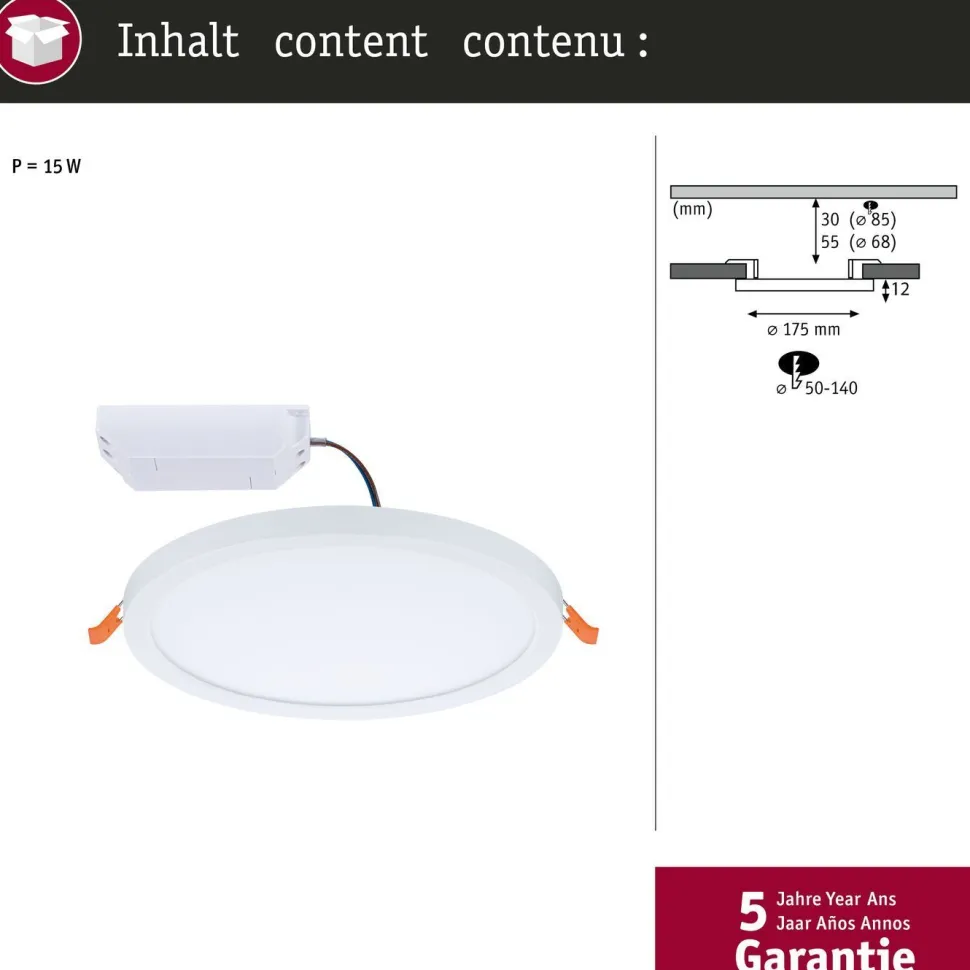 Upotettava LED-paneeli Paulmann VariFit Areo, IP44, Ø17.5cm, 13W, 4000K, mattakromi