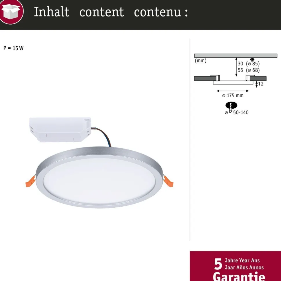 Upotettava LED-paneeli Paulmann VariFit Areo, IP44, Ø17.5cm, 13W, 4000K, mattakromi
