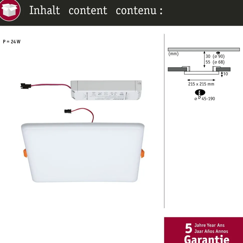 Upotettava LED-paneeli Paulmann VariFit Veluna, IP44, 21.5x21.5cm, 21W, 3000K, himmennettävä, satiini