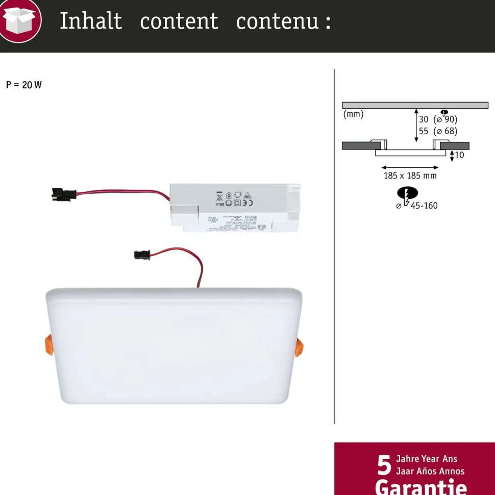 Upotettava LED-paneeli Paulmann Veluna, IP44, 18.5x18.5cm, 17.5W, 4000K, satiini