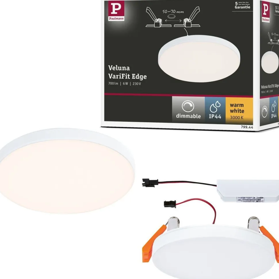 Upotettava LED-paneeli Paulmann VariFit Veluna Edge, IP44, Ø9cm, 6W, 3000K, himmennettävä, valkoinen