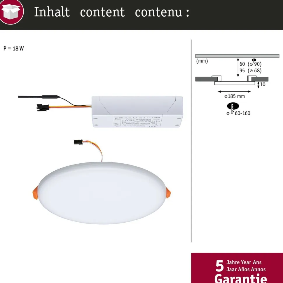 Upotettava LED-paneeli Paulmann Veluna, Smart Home Zigbee 3.0, IP44, Ø18.5cm, 14W, säädettävä värilämpötila, himmennettävä