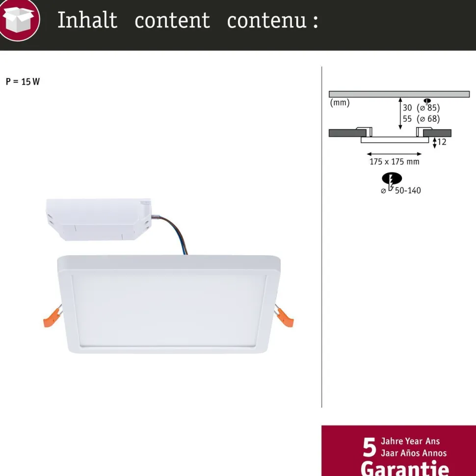 Upotettava LED-paneeli Paulmann VariFit Areo, IP44, 17.5x17.5cm, 13W, 3000K, valkoinen
