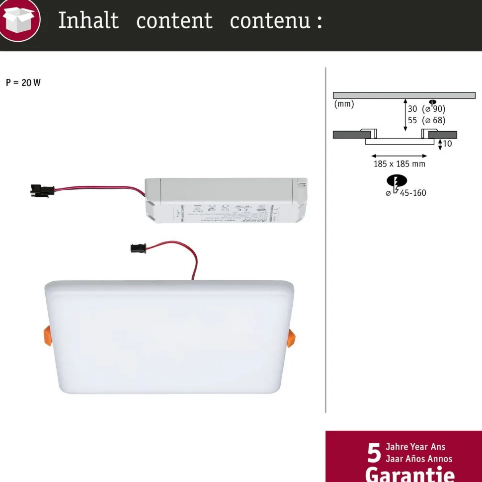 Upotettava LED-paneeli Paulmann VariFit Veluna, IP44, 18.5x18.5cm, 17W, 3000K, himmennettävä, satiini