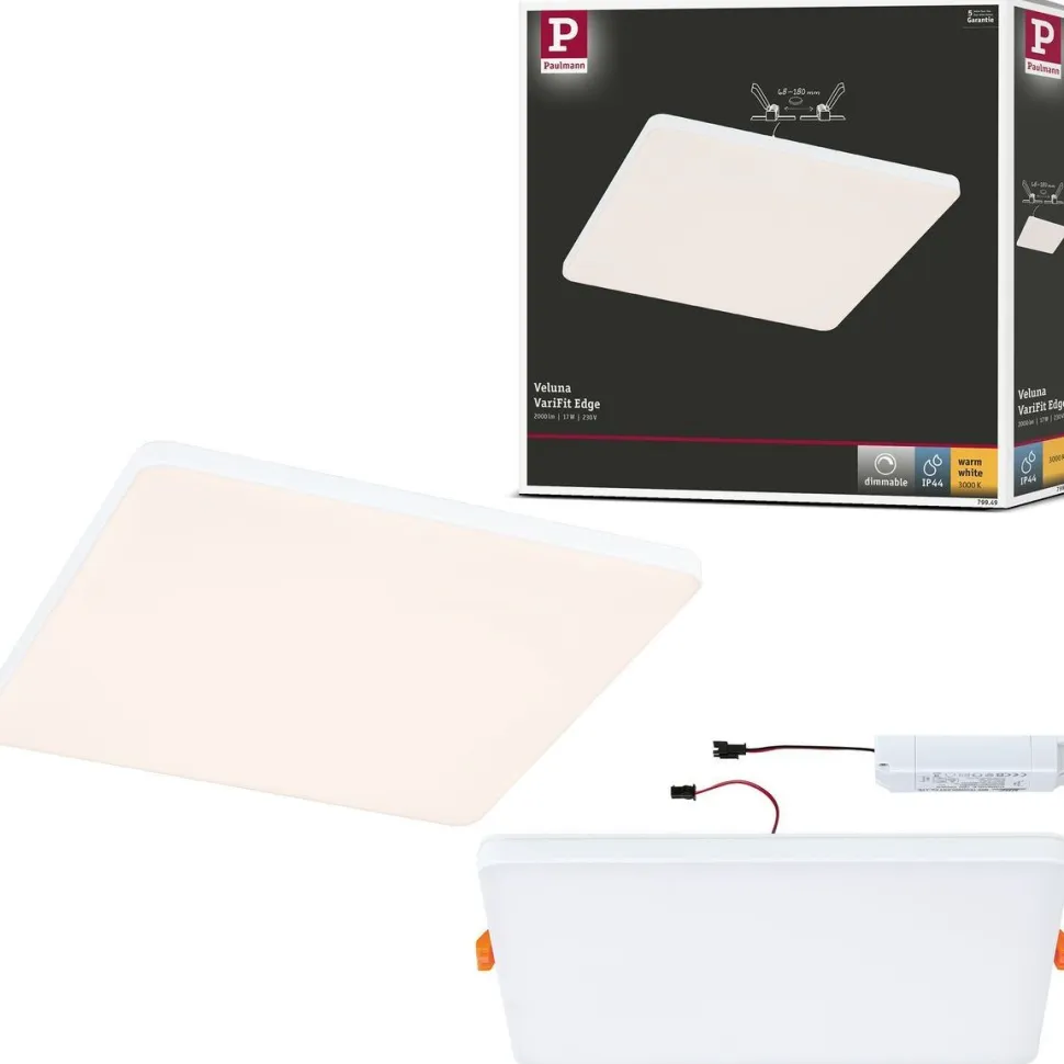 Upotettava LED-paneeli Paulmann VariFit Veluna Edge, IP44, 20x20cm, 17W, 3000K, himmennettävä, valkoinen