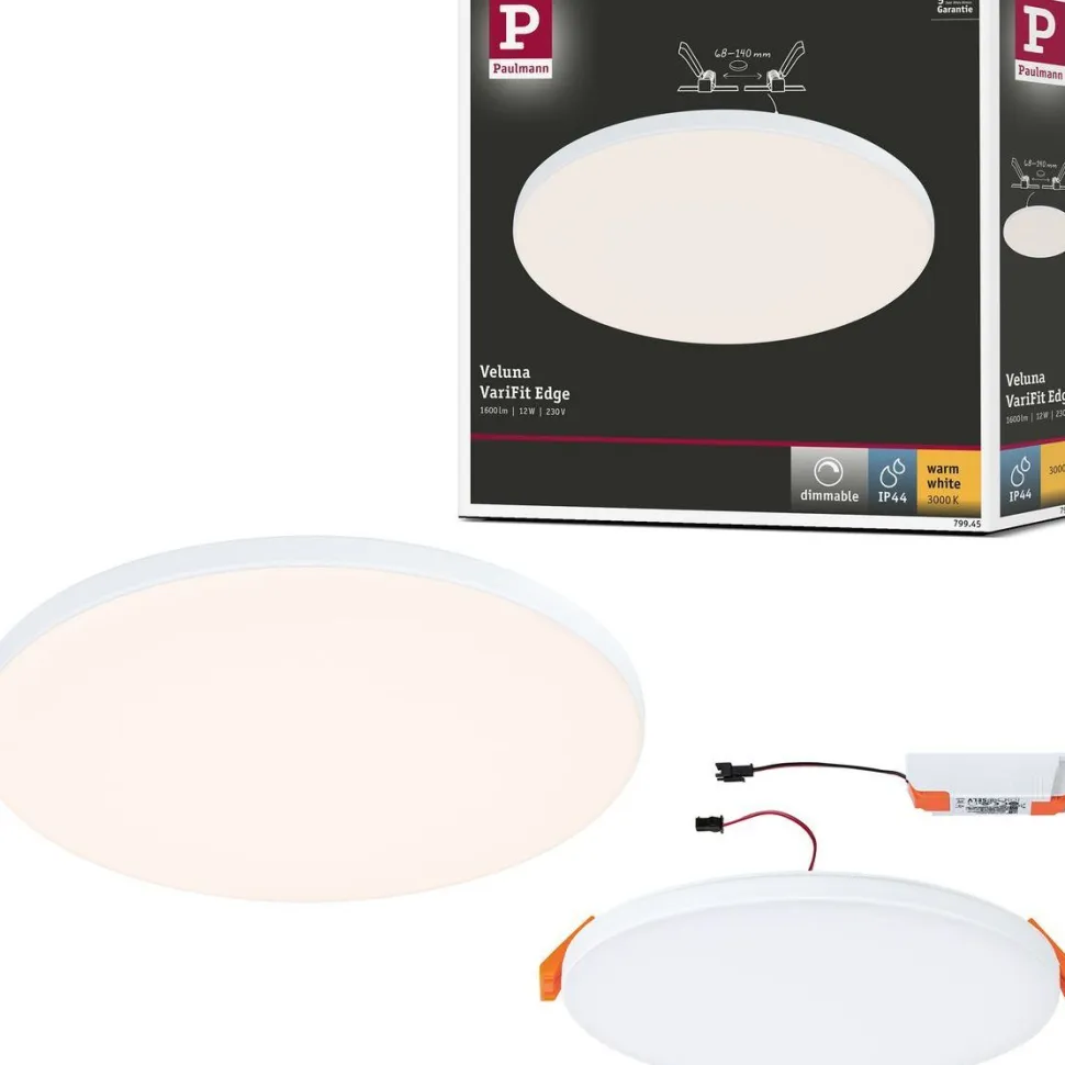 Upotettava LED-paneeli Paulmann VariFit Veluna Edge, IP44, Ø16cm, 12W, 3000K, himmennettävä, valkoinen