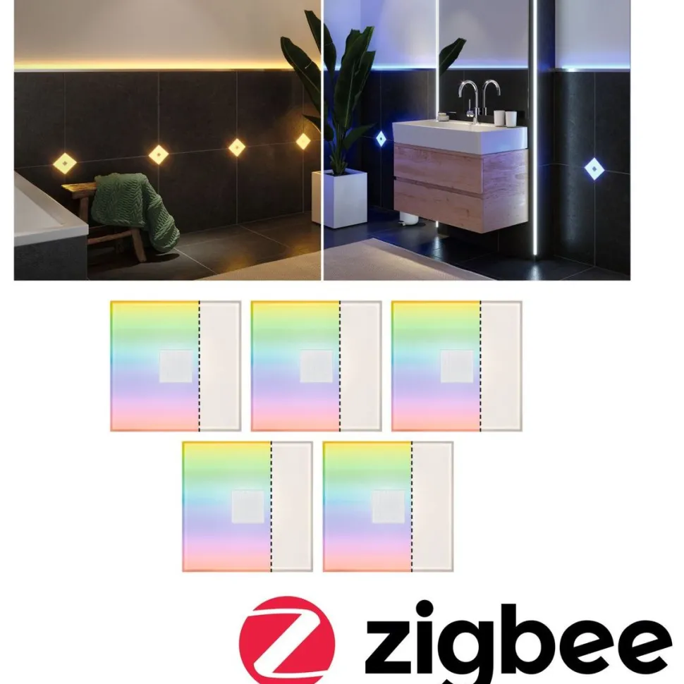 Upotettava LED-seinävalaisinsarja Paulmann LumiTiles, 5 valaisinta, Smart Home Zigbee 3.0, IP44, 10x10cm, RGBW+, himmennettävä, valkoinen