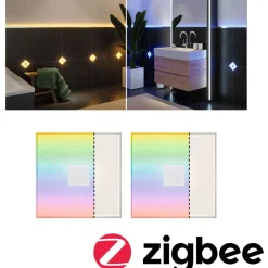 Upotettava LED-seinävalaisinsarja Paulmann LumiTiles, 2 valaisinta, Smart Home Zigbee 3.0, IP44, 10x10cm, RGBW+, himmennettävä, valkoinen